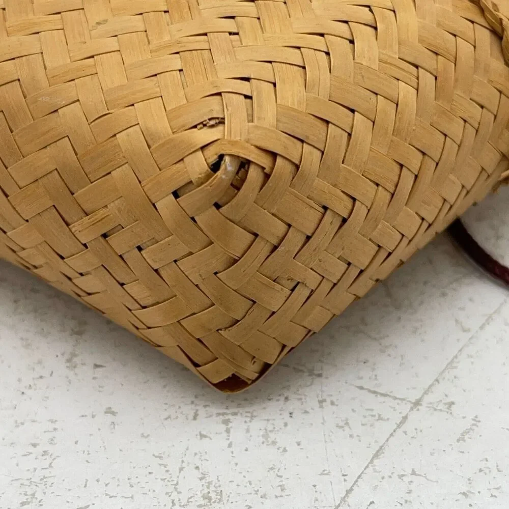 Handmade Woven Bag Backpack Vintage Basket Tan Bamboo With Lid & Chinese Coin